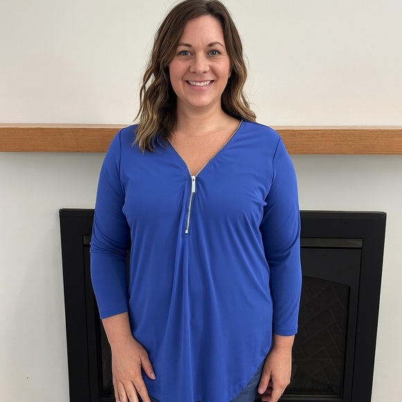 JM Collection Blue 3/4 Sleeve Zippered Blouse - Picture 1 of 6